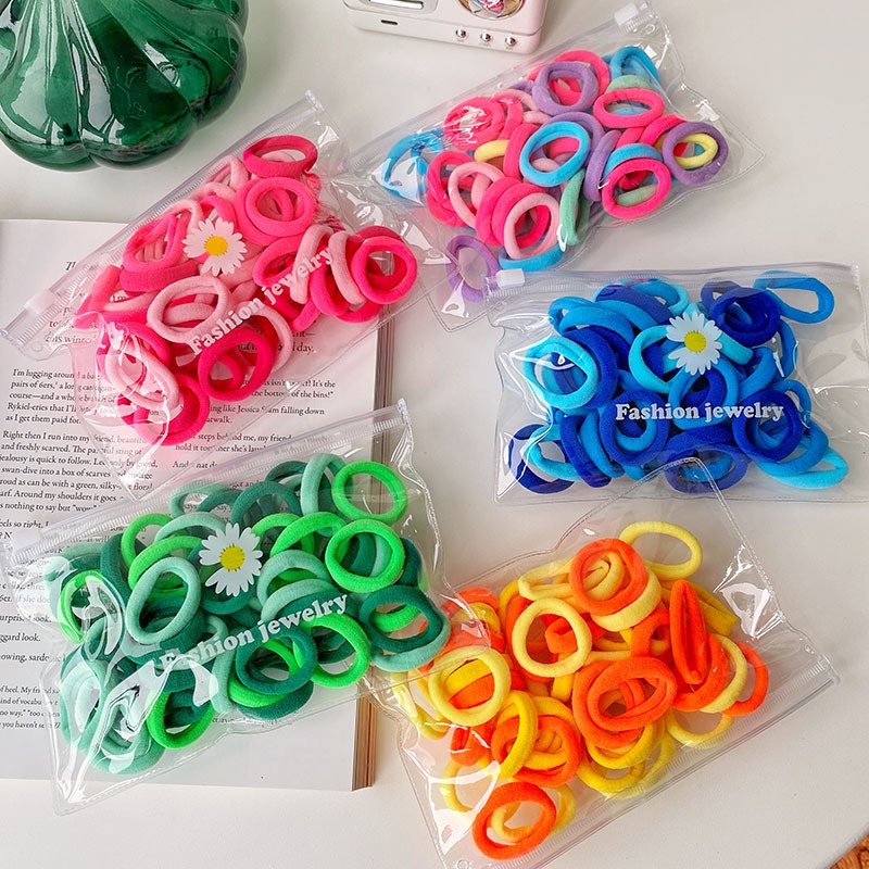 Set 50 Dây Buộc Tóc Cao Su Co Giãn Màu Sắc Cầu Vồng Ngọt Ngào Phong Cách Hàn Quốc Cho Bé Gái