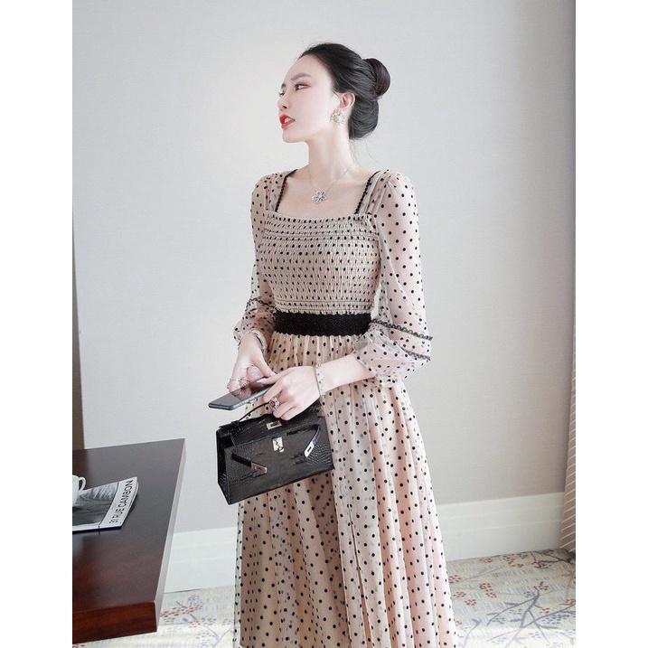 [sale 50% free ship] Đầm midi dáng dài đi dự tiệc cưới siêu xinh với chất lưới bi chủ đạo độc đáo có ép nhung