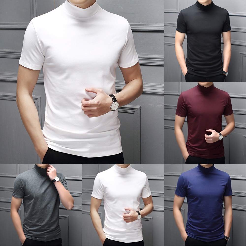 GORGEOUS~Men Mock Neck Basic Plain Blouse T-shirt Pullover Short Sleeve Top Bottoming Top