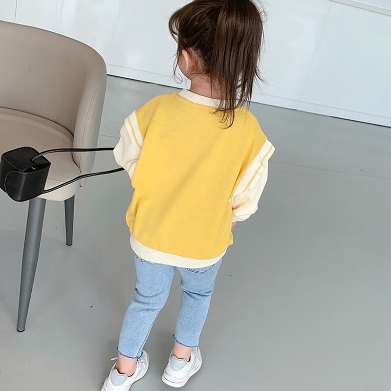 Áo sweater cổ tròn in họa tiết hoạt hình màu sắc tương phản phong cách Hàn Quốc thời trang dành cho bé gái
