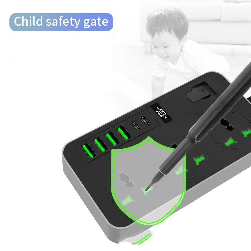 Ổ Cắm Điện Thông Minh Chống Giật , Ổ Điện Đa Năng 3 Cổng Cắm 265V 4 Cổng USB 2 Cổng PD , Dây dài 2m