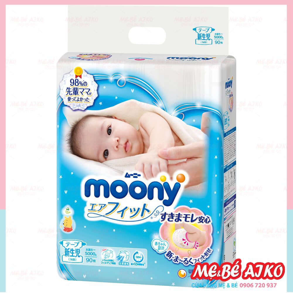 Tã dán sơ sinh Moony Newborn 90 miếng cho bé dưới 5kg - Nhập khẩu Nhật Bản