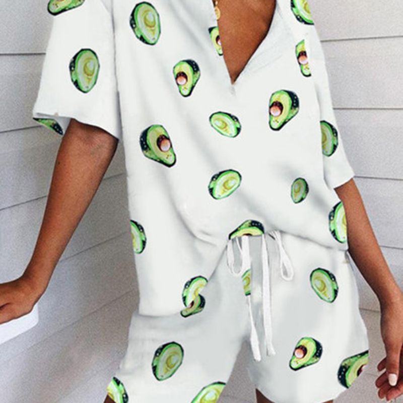 Bộ Đồ Ngủ 2 Món Ngắn Tay Cổ Chữ V Phối Dây Rút In Hình Trái Bơ Thời Trang Dành Cho Nữ