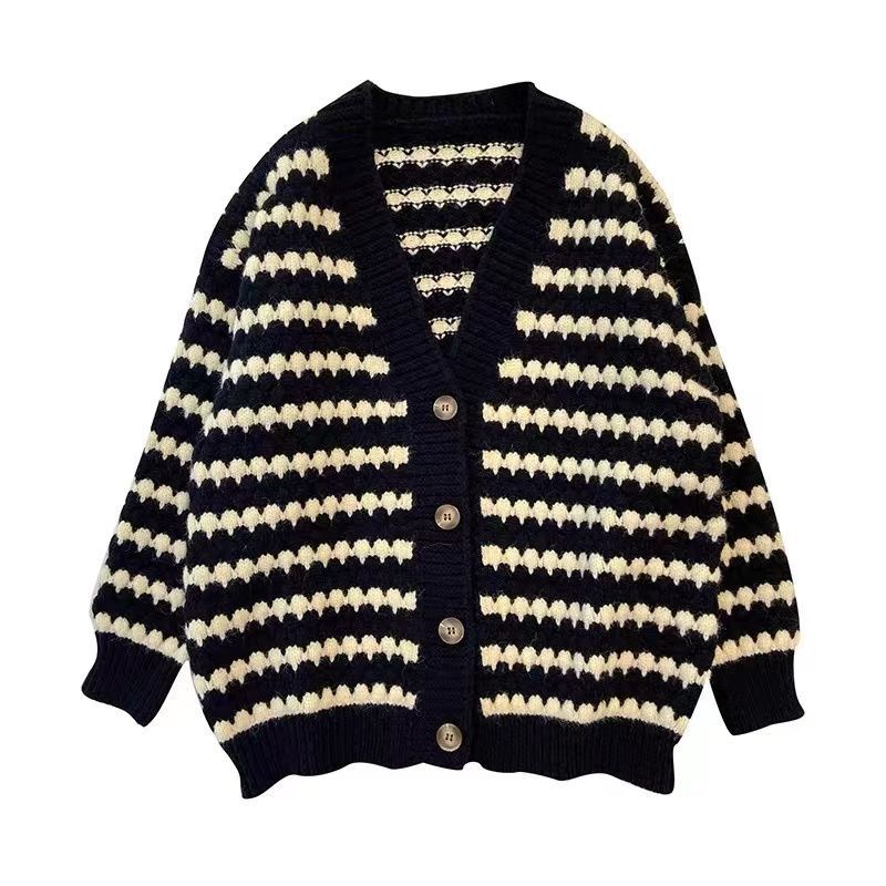 Áo Khoác Cardigan Dệt Kim Dáng Rộng Kẻ Sọc Trắng Đen Thời Trang Thu Đông Cho Nữ