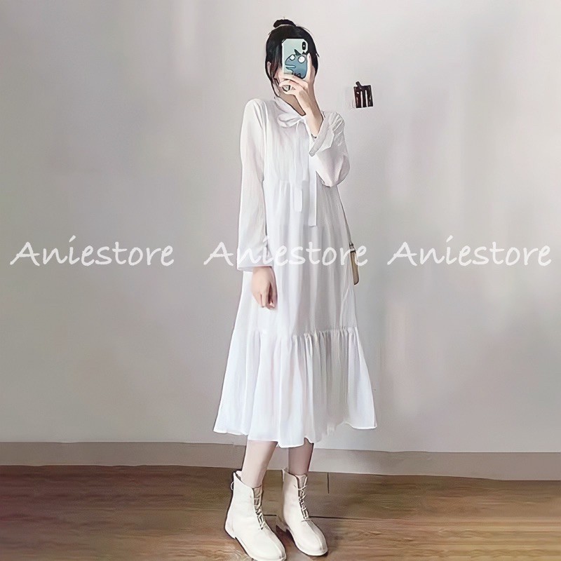 Đầm Babydoll Đuôi Cá Cổ Nơ Váy Nữ Trơn Tay Bồng 2 Màu | BigBuy360 - bigbuy360.vn