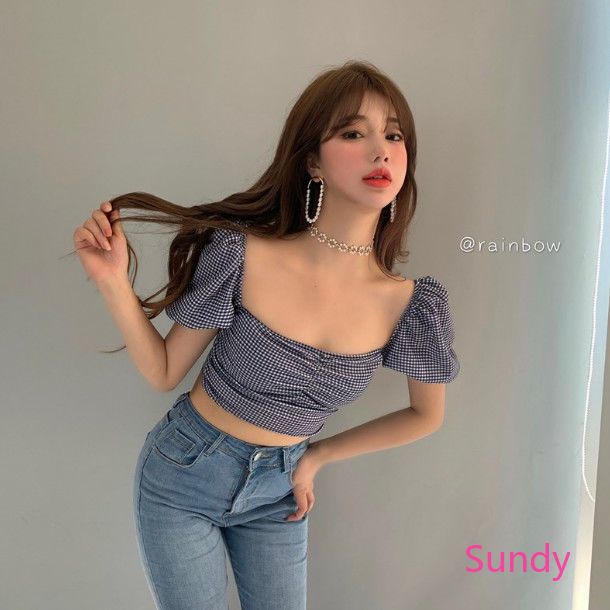 Áo Croptop Tay Ngắn Cổ Vuông Họa Tiết Sọc Caro Thời Trang Mùa Hè Cho Nữ