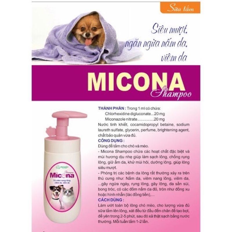 [Mã PET50K giảm Giảm 10% - Tối đa 50K đơn từ 250K] Sữa tắm trị viêm, nấm da cho chó mèo Micona 200ml