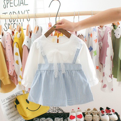 Váy thu đông caro giả yếm cổ ren bé gái size 6-13kgVT13