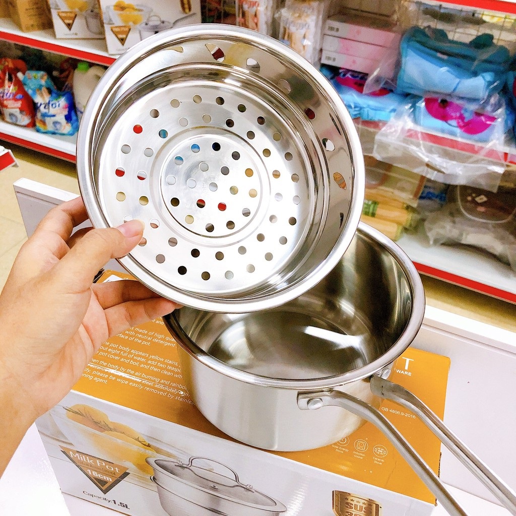 Nồi Quánh Bột Inox 3 đáy Milk Pot 16cm kèm xửng hấp,nắp đậy SUS 304