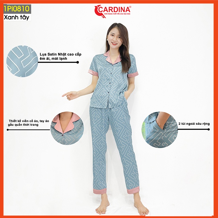 Đồ bộ pijama nữ CARDINA chất lụa satin Nhật cao cấp quần dài áo cộc tay họa tiết tinh tế trẻ trung 1Pi08.