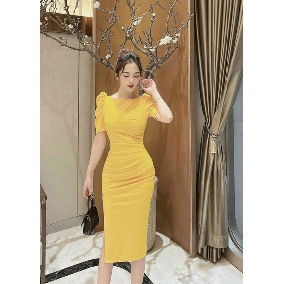Đầm thời trang nữ mặc đi chơi chất umi có mút ngực tay phồng xếp ly ôm body xẻ tà