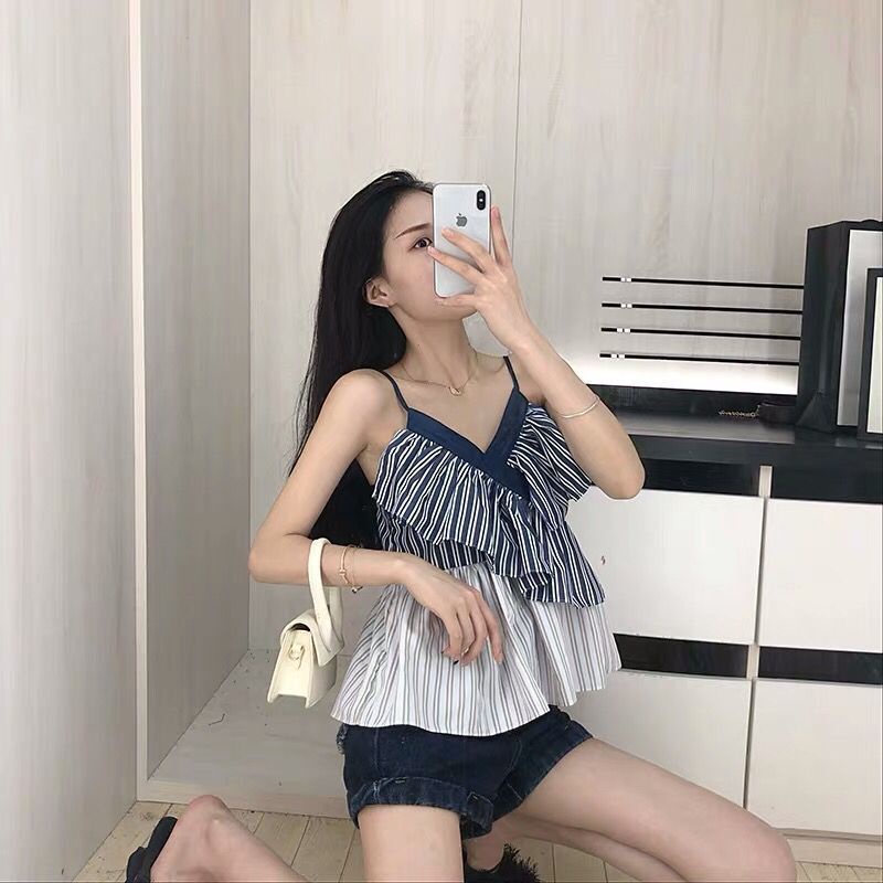 Áo Sơ Mi Voan Không Tay Dáng Rộng Họa Tiết Kẻ Sọc Thời Trang Mùa Hè Hàn Quốc Dành Cho Nữ