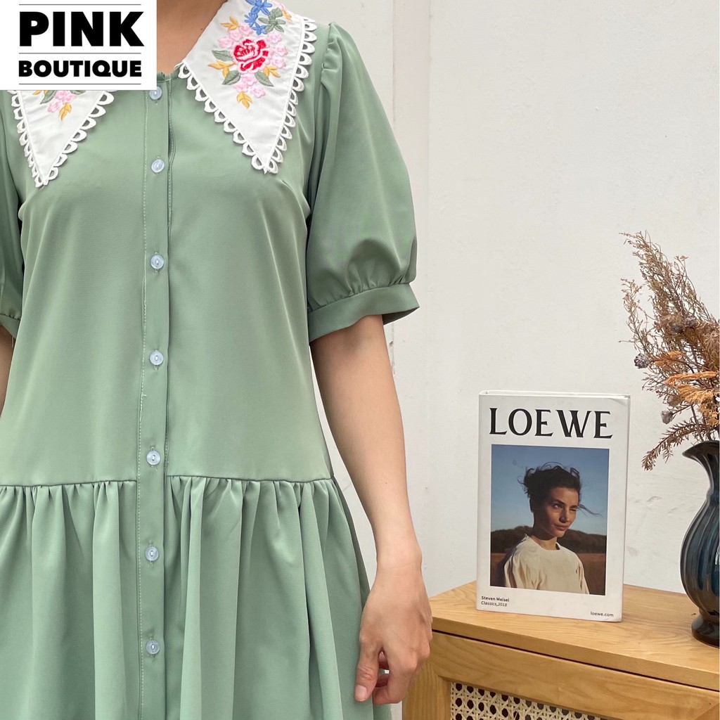 Váy Xuông Vintage Đuôi Cá, Đầm Dáng Suông Tay Ngắn Phồng Cài Cúc Thiết Kế PINKBOUTIQUE