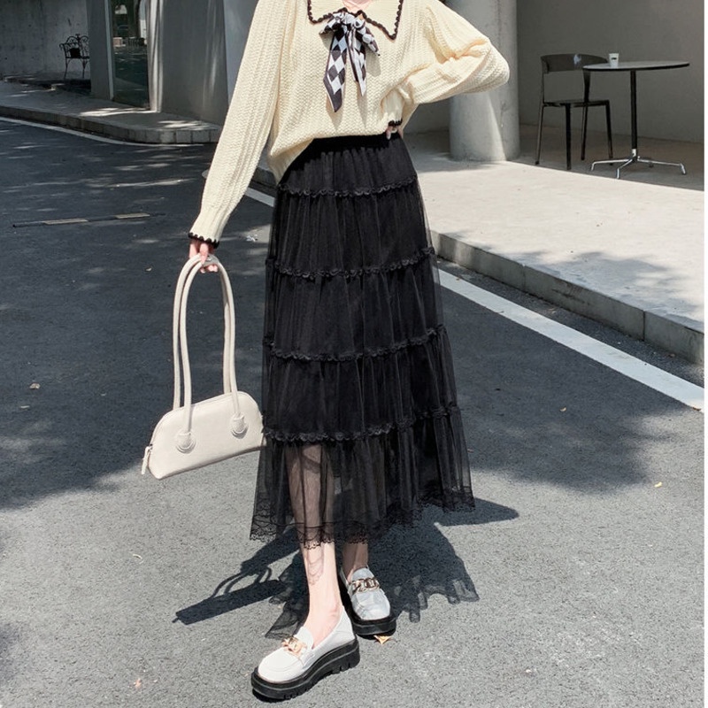 Chân Váy Chữ A Phối Ren Lưới Thời Trang Thu Đông Phong Cách Mới Cho Nữ