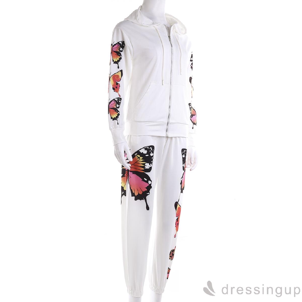 Set Áo Hoodie Tay Dài Hoạ Tiết Bướm + Quần Dài Phong Cách Thể Thao