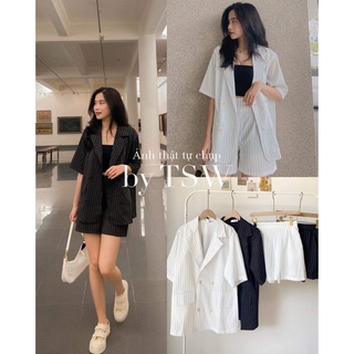Set blazer kẻ sọc dọc kèm short dáng rộng, set vest sọc ( ảnh thật )