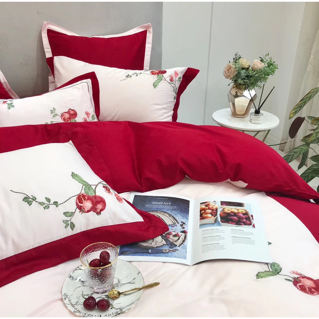 Drap bọc chăn ga lụa cao cấp, thêu Lựu đỏ sung túc và sang trọng
