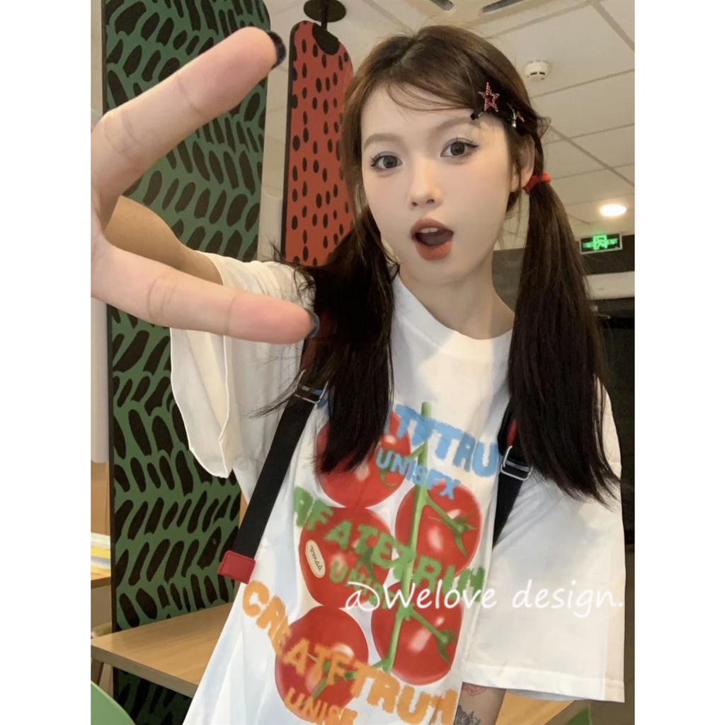 「 WELOVE1 」Áo Thun Cotton Tay Ngắn Cổ Tròn In Hình Quả Cà Chua Phong Cách Hàn Quốc Thời Trang Mùa Hè Hàng Mới Dành Cho Bạn Nữ