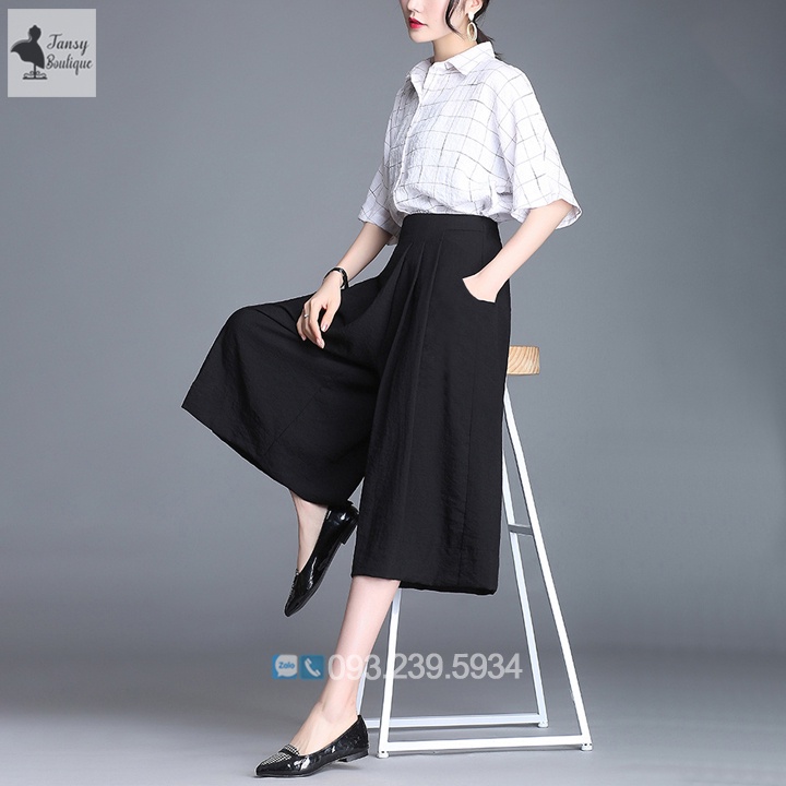 Quần ống rộng giả váy nữ thiết kế lưng cao, dáng váy dài qua gối chất liệu đũi linen siêu nhẹ siêu mát
