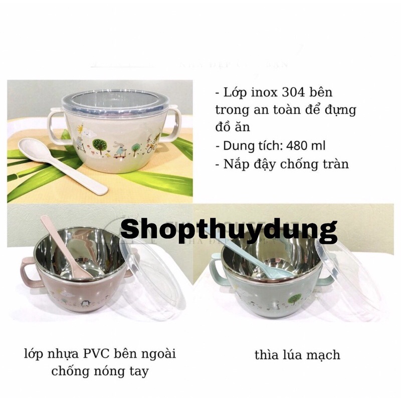 Bát Ăn Dặm Inox 480ML 2 lớp Cách Nhiệt Có Tay Cầm, Nắp Đậy Kèm Thìa Muỗng, Chén ăn cháo cho bé