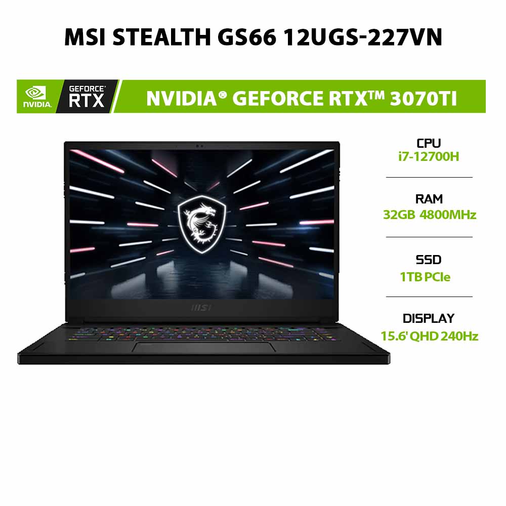 [ELBAU7 giảm 7%] Laptop MSI Stealth GS66 12UGS-227VN i7-12700H|32GB|1TB|RTX™ 3070Ti 8GB|15.6' QHD 240Hz|W11