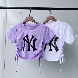 Áo thun lụa croptop rút dây 2 bên in chữ Ny sang chảnh