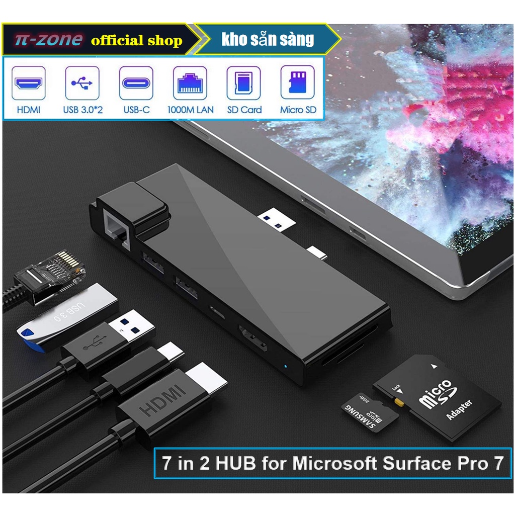 Trung tâm đế cắm Microsoft Surface Pro 7, Bộ điều hợp Surface Pro 2019 7 trong 2 với HDMI 4K, sạc USB C PD, 2 cổng USB 3.0 (5Gbps), Đầu đọc thẻ SD / TF, Trạm đế cắm Gigabit Ethernet LAN Pro 7