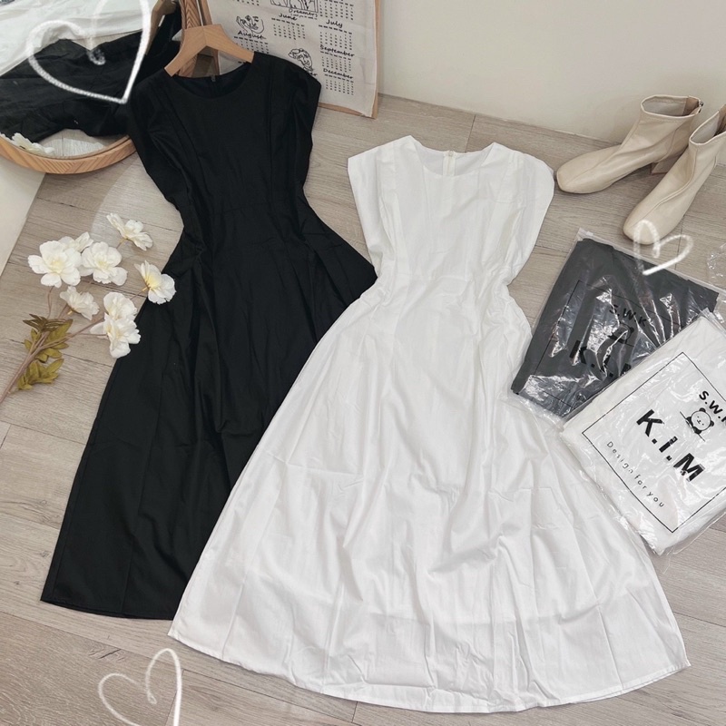 Đầm midi li eo tay hến dáng xoè trắng đen [kèm hình thật]