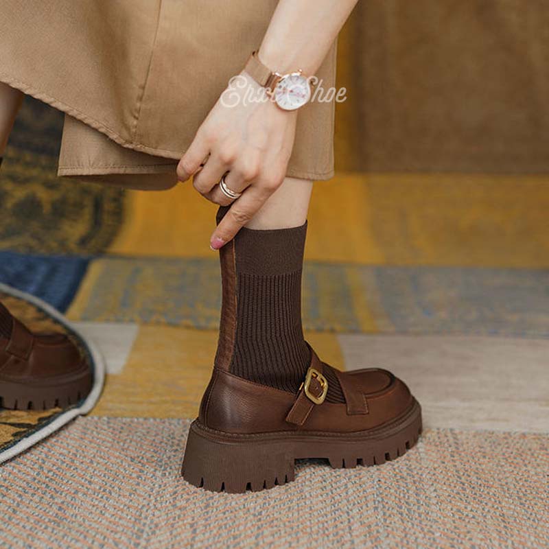 Oeteo Giày Bốt Dệt Kim Đế Bằng Màu Nâu Thời Trang Cho Nữ