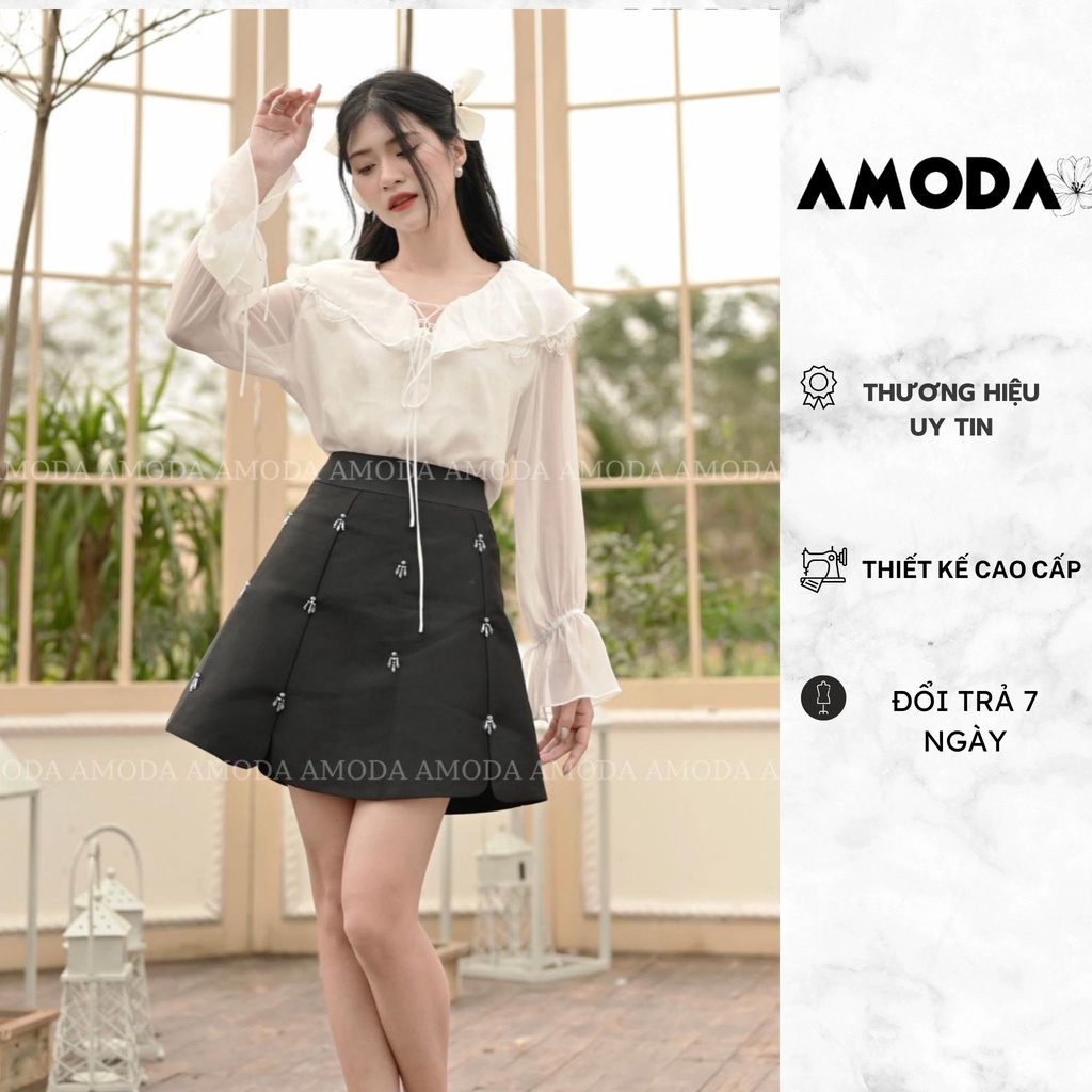 Áo sơ mi cổ bèo phối ren  thiết kế cao cấp tay bồngsiêu xinh cho nàng phong cách Hàn Quốc AMODA A009