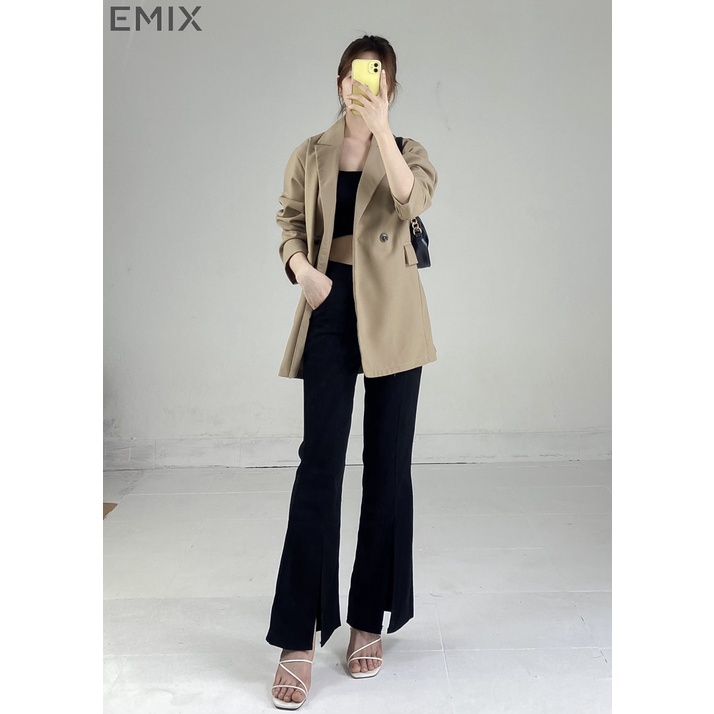 Áo khoác công sở nữ EMIX (2 màu), blazer, dáng dài, dài tay, form rộng, cổ vest, 2 cúc, có túi, chất trượt Hàn 6082 | WebRaoVat - webraovat.net.vn