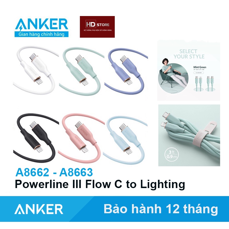 Cáp Anker PowerLine III Flow Type C to Lighting Sạc nhanh 20W 27W 30W – A8662 Dài 0.9M A8663 Dài 1.8M Siêu mềm mại