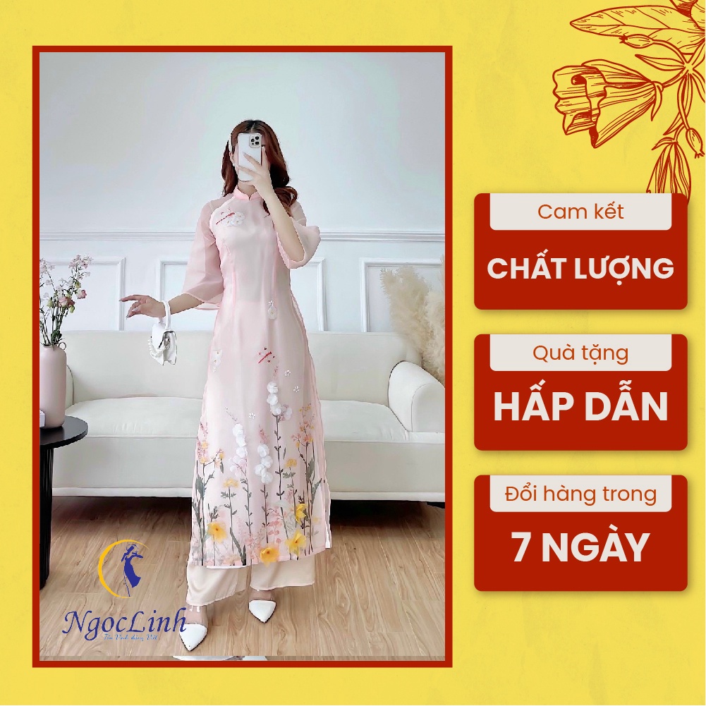 Áo dài cách tân họa tiết chuồn chuồn đỏ NGỌC LINH thiết kế tay lửng trẻ trung, chất vải lụa, tơ tằm sang trọng, cao cấp