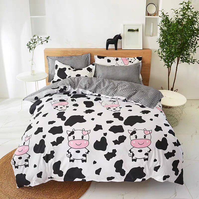 Bộ Drap &amp; Chăn Phao Cotton Poly Bò Sữa Trắng