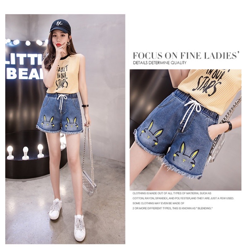 quần short jean màu xanh big size lưng thun thêu hình thỏ  size 70-90kg