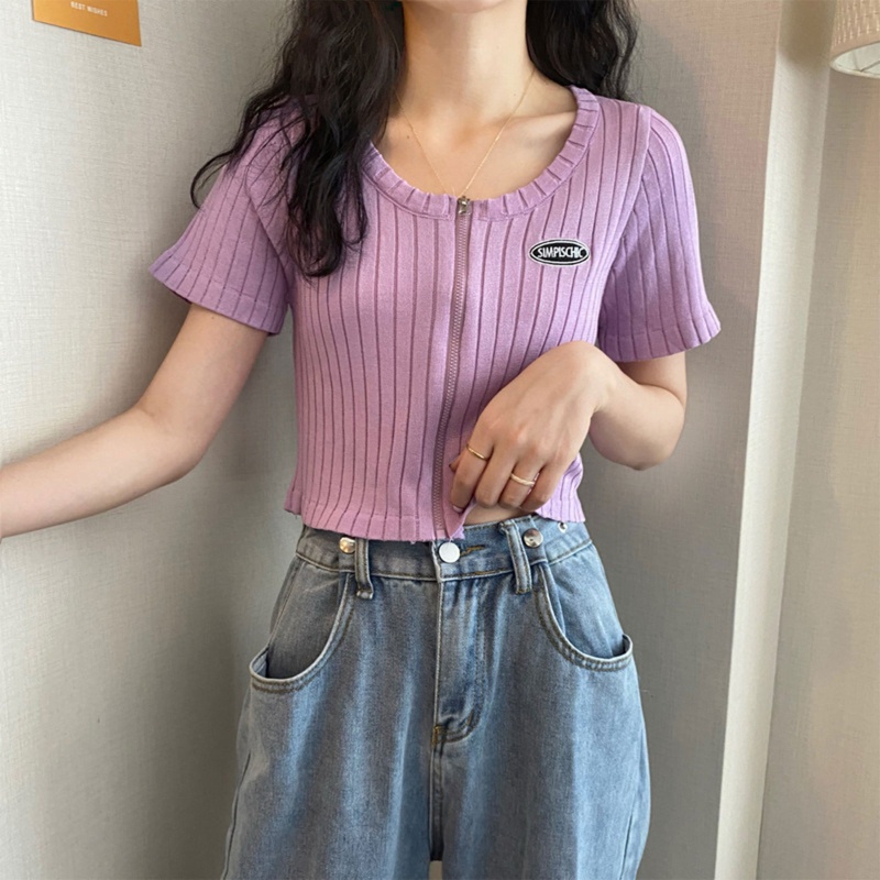 Áo Croptop Tay Ngắn Màu Trơn Có Khóa Kéo Trước In Chữ Thời Trang Cho Nữ