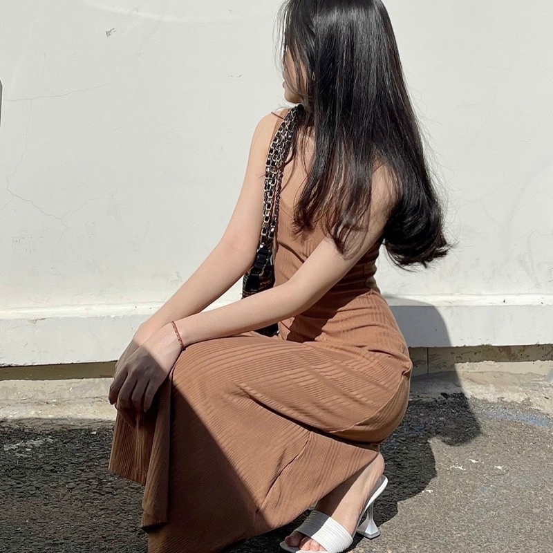 Đầm - Váy midi body nâu 2s Ba lỗ sát nách - KÈM HÌNH THẬT