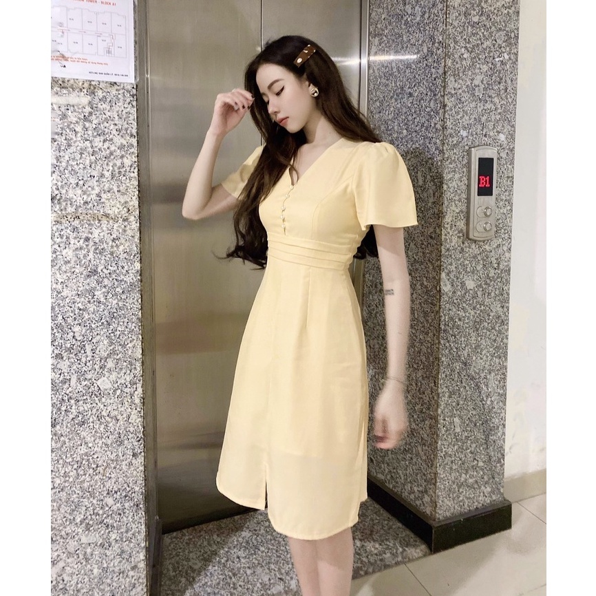 Đầm nữ công sở vàng xinh dáng dài thiết kế chữ a cổ v thanh lịch cao cấp đẹp đi làm đi tiệc eo tôn dáng – Lux W Fashion