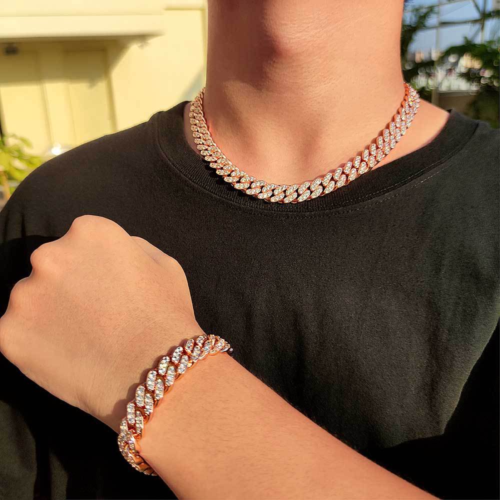 Vòng tay nam nữ thời trang + dây chuyền lắc tay unisex màu bạc Titan không gỉ - Cuban đá