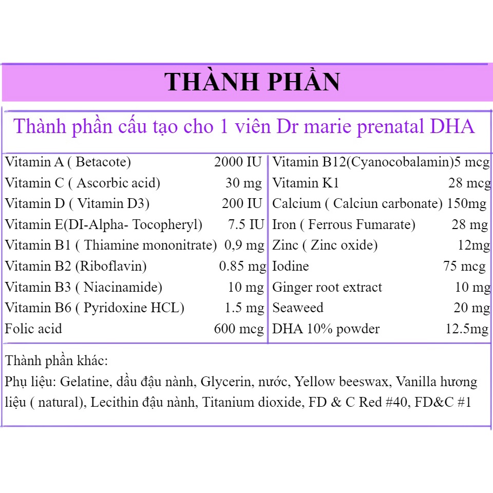 Viên Uống MẸ BẦU Dr Marie – Prenatal DHA 30 Viên Nhập khẩu Hoa Kì- Hàng chính hãng
