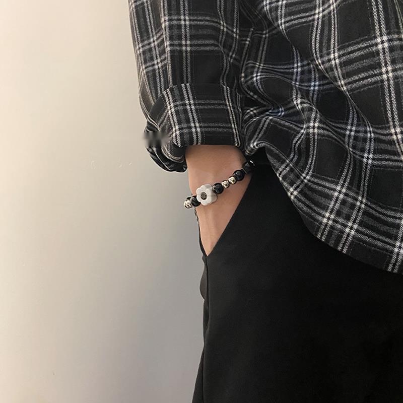 Vòng tay chuỗi hạt ngọc trai nhân tạo mặt hoa cúc họa tiết mặt cười phong cách hip hop cho nam và nữ