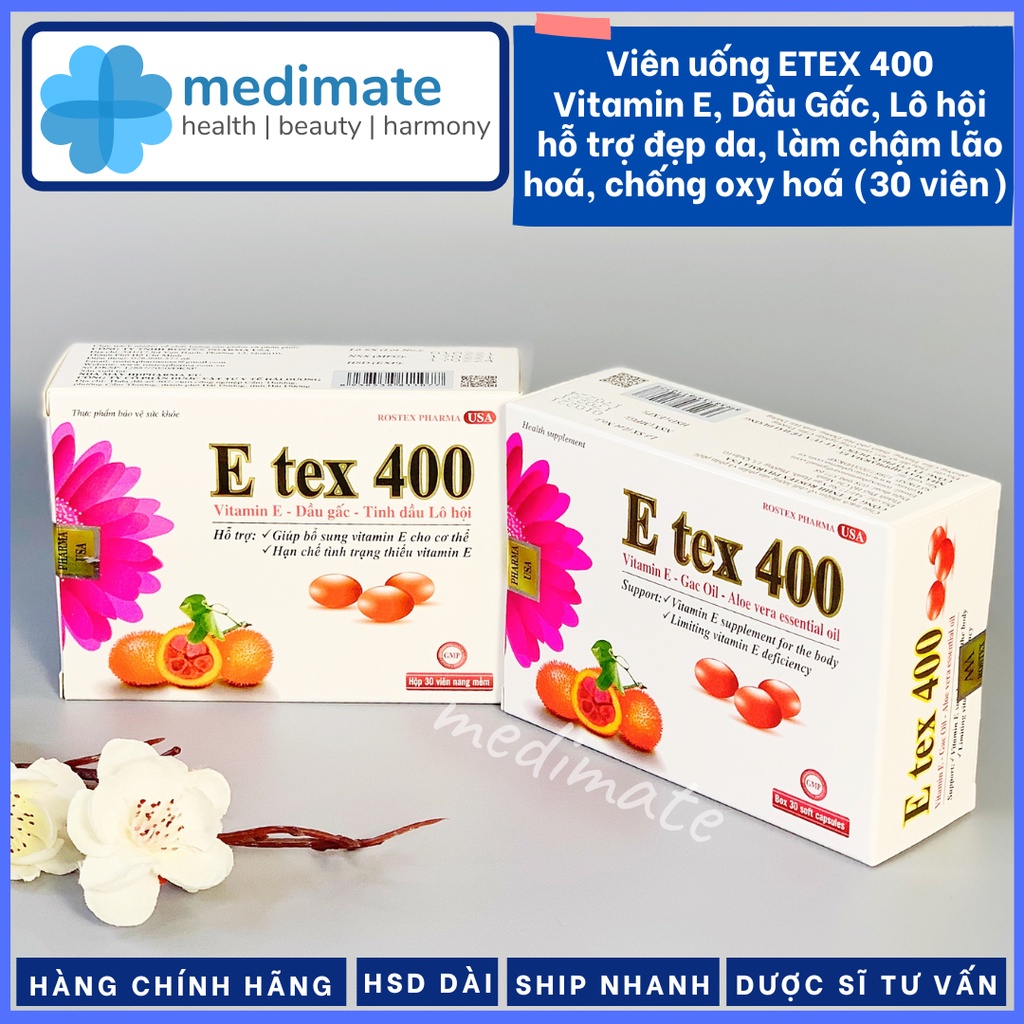 Viên uống Vitamin E E TEX 400 với Dầu Gấc, Lô hội giúp đẹp da, hạn chế lão hóa da, chống oxy hóa (Hộp 30 viên)