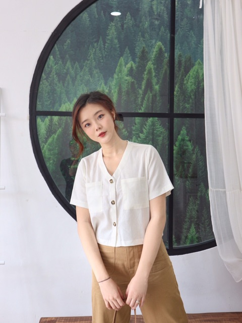 Áo sơ mi Croptop Linen Cổ tim Tay lỡ Freesize Đơn giản Vintage Thời trang Nữ