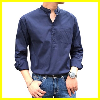 Áo sơ mi nam dài tay cổ tàu màu xanh than chất vải thô form ôm nhẹ phù hợp với nhiêu lứa tuổi