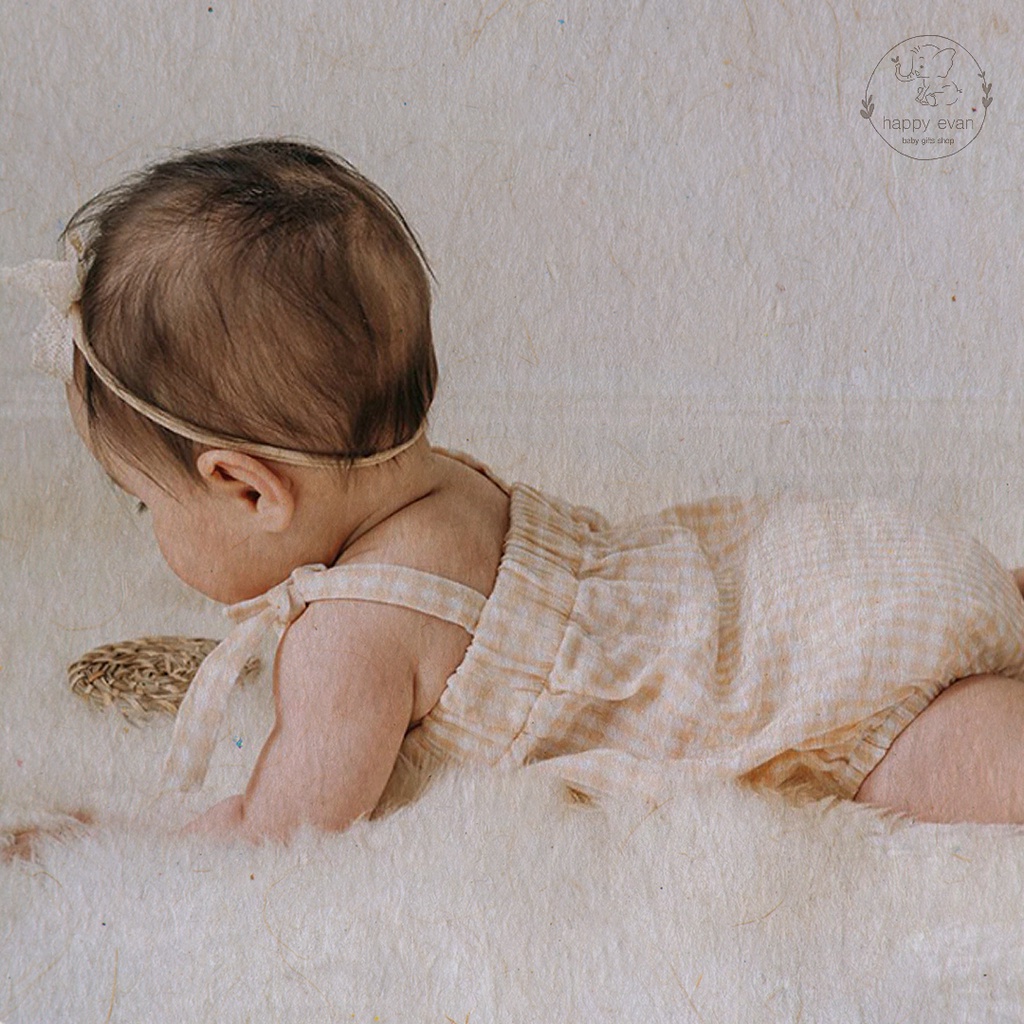 🅷.🄴🅅🄰🄽 [Auth Tiny People] Bodysuit body chip 2 dây thắt nơ, sọc caro nâu, vải xô gạc thoáng mát, lành tính cho da bé