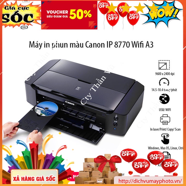 Máy in phun màu mới 100% khổ in A3 mã canon iP 8770 in đẹp máy 6 màu mực có in wifi hàng có bảo hành hỗ trợ tốt INECO