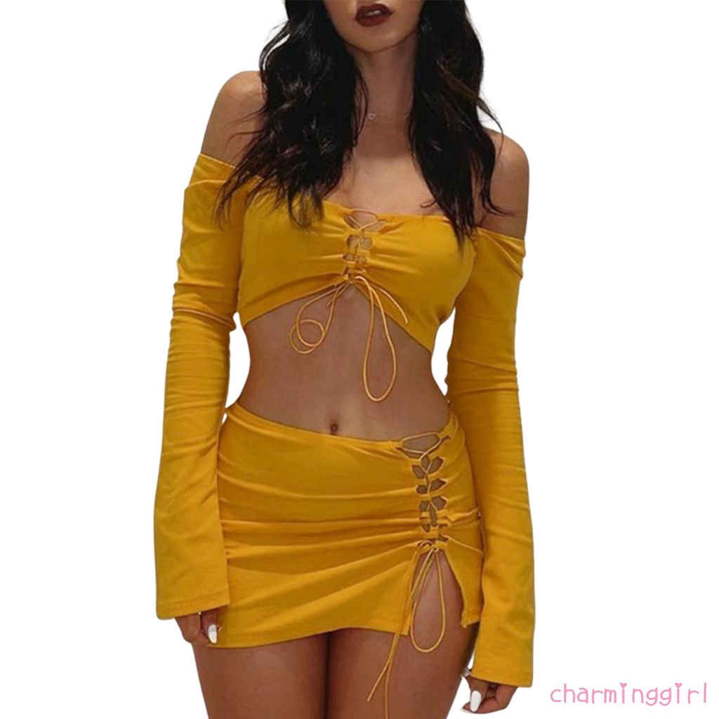 Set áo thun tay dài và chân váy ôm thời trang quyến rũ cho nữ