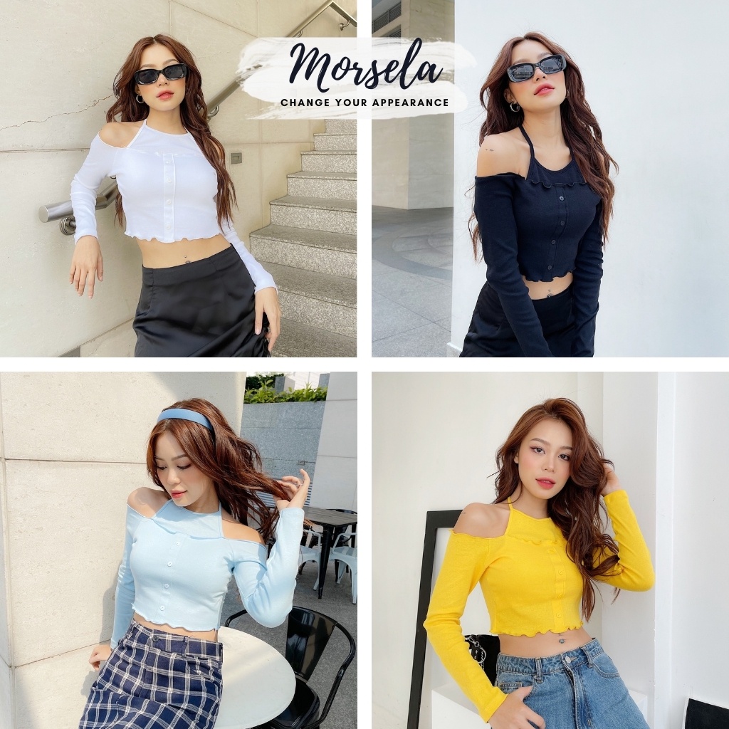 Áo thun croptop tay dài ôm body cột dây cổ yếm dáng trễ vai Sexy theo phong cách Hàn Quốc -Áo crop top nữ kiểu - Morsela