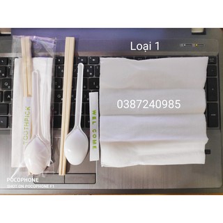 COMBO6: 100 Đũa Gỗ Trần + 100 Muỗng Cao Cấp + 100 Khăn Giấy Khô + Tăm Bọc Giấy