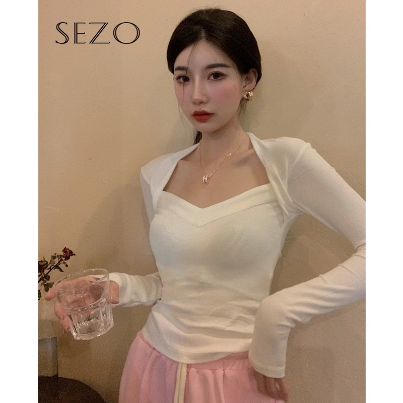 QKOOLE  Áo thun tay dài cổ chữ V màu trơn phong cách Hàn Quốc thời trang cho nữ